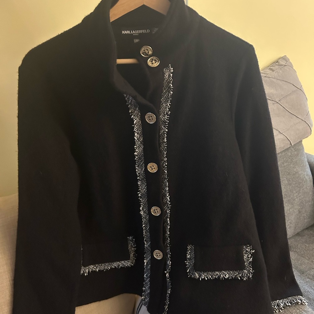 Karl Lagerfeld Black and Silver Blazer with Ornate Trim